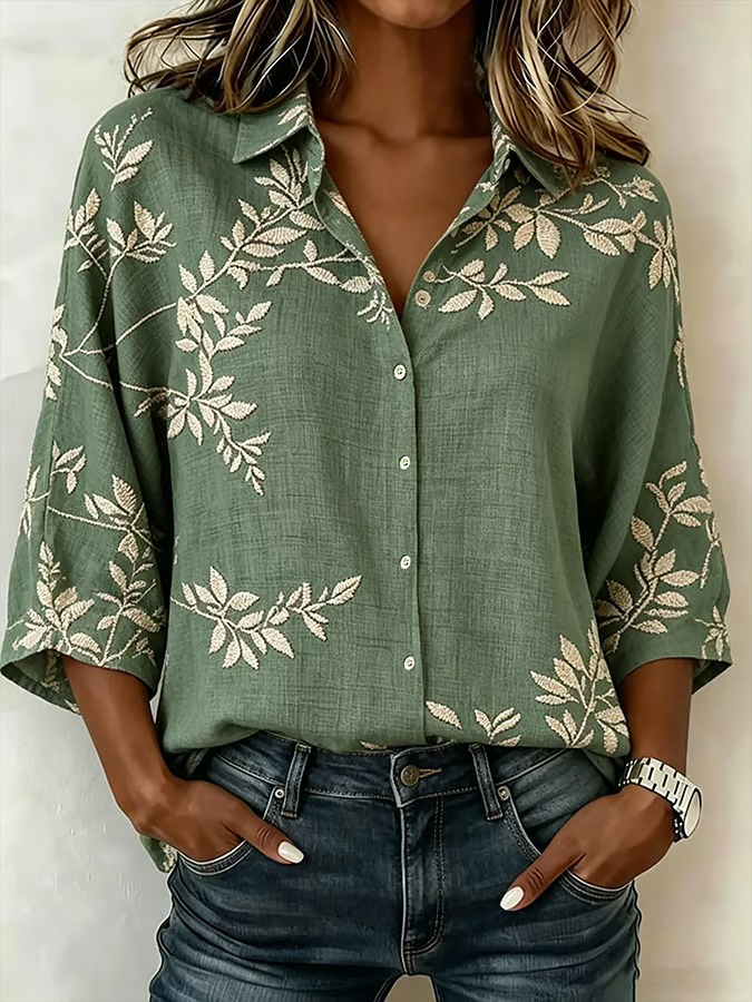 Women's Casual Collared Printed Three-Quarter Sleeve Shirt