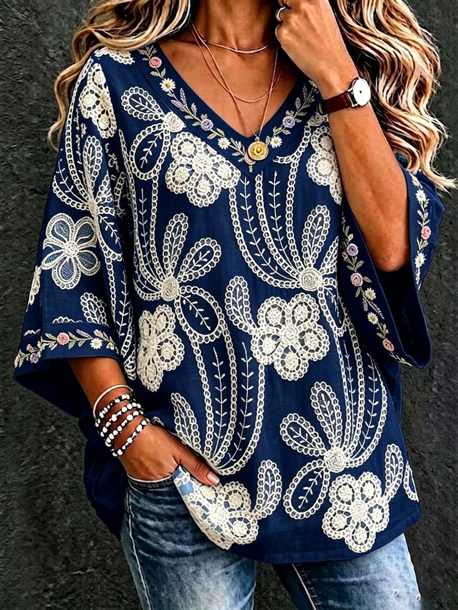 Women'S Cotton And Linen Floral Casual Vacation Top