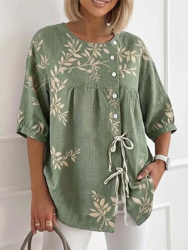 Women'S Casual Floral Print Cotton Linen Top