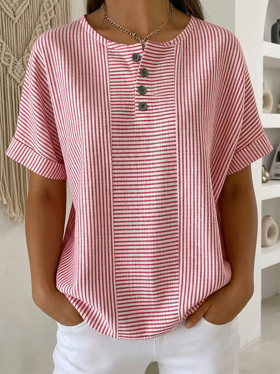 Women's casual striped cotton linen button-down shirt