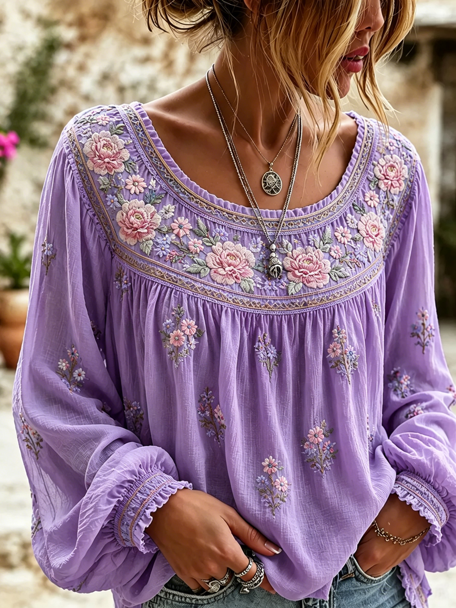 Women'S Floral Printed Casual Cotton And Linen Top