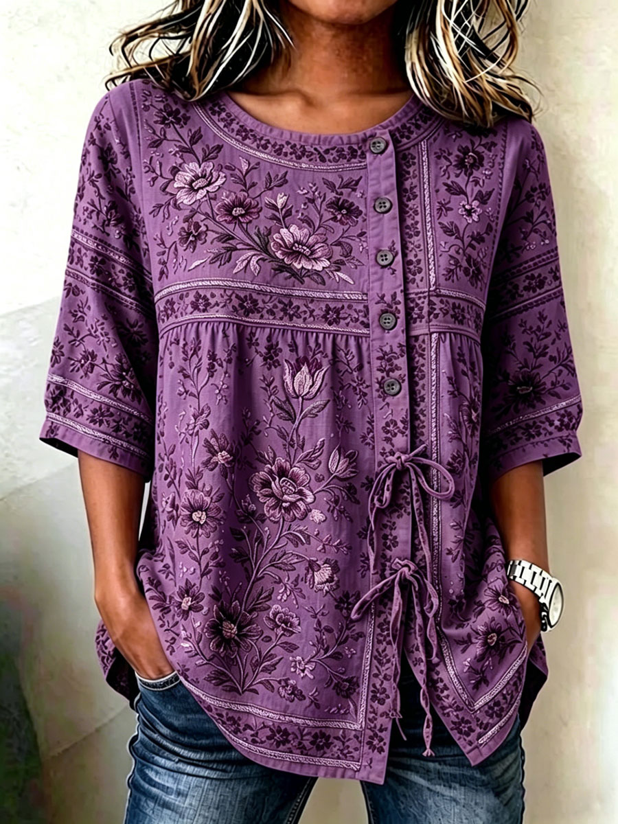 Women'S Casual Print Cotton Linen Print Top