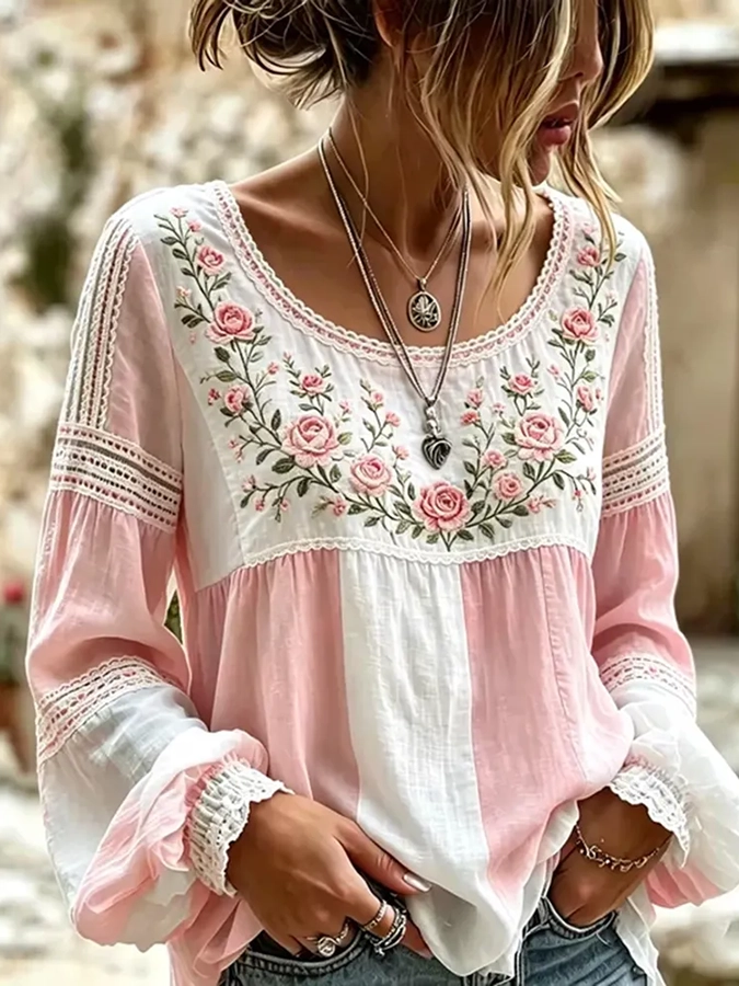 Women's floral fresh round neck top