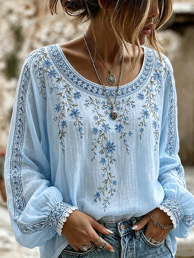 Women'S Floral Printed Casual Cotton And Linen Top