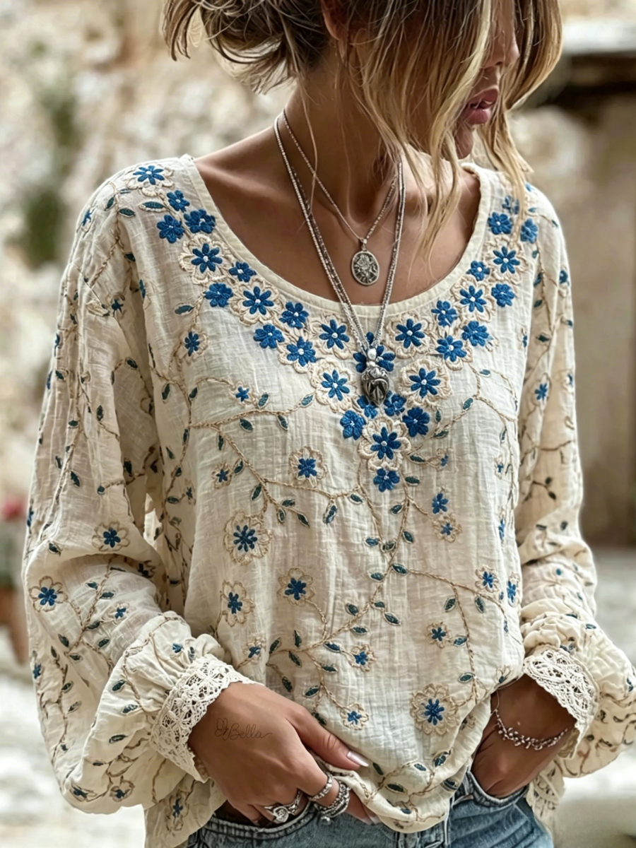 Women's Retro Floral Art Print Long Sleeve T-shirt