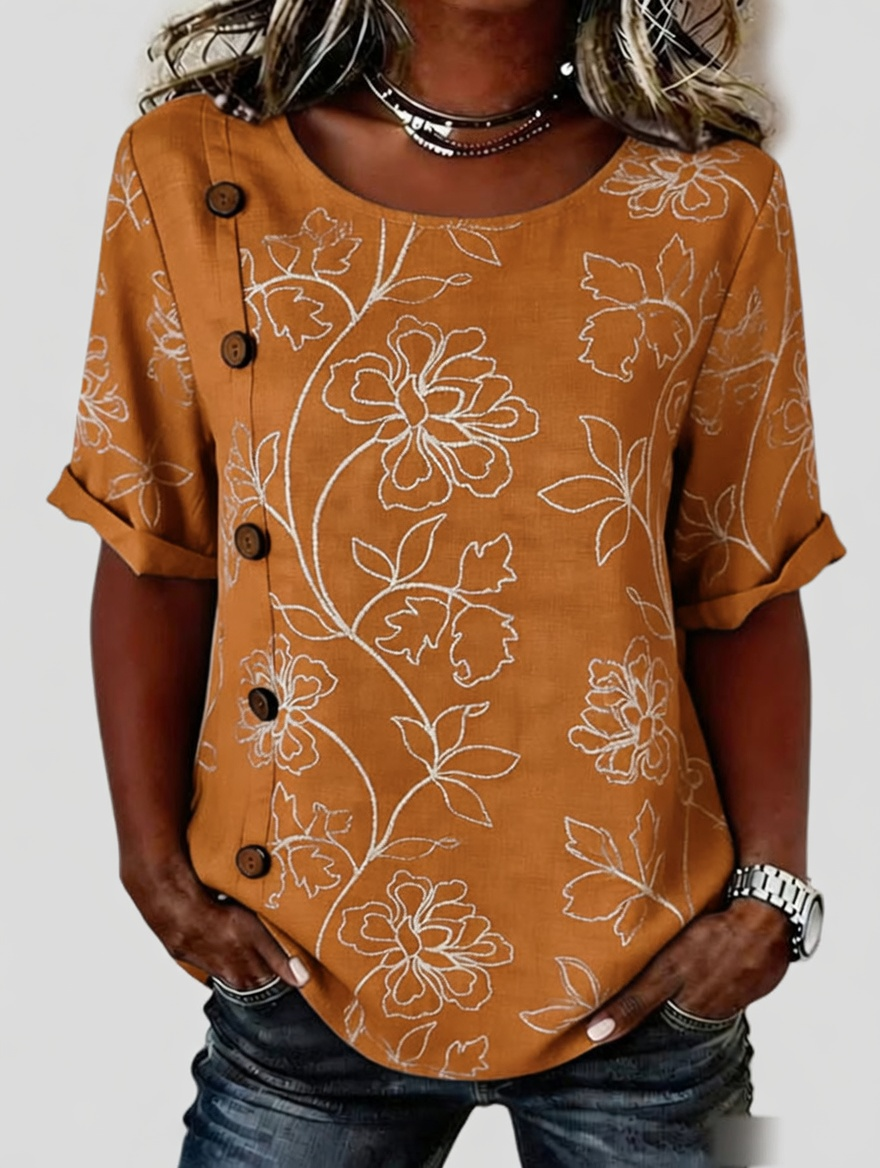 Women'S Button Design Casual Floral Art Short Sleeved Shirt