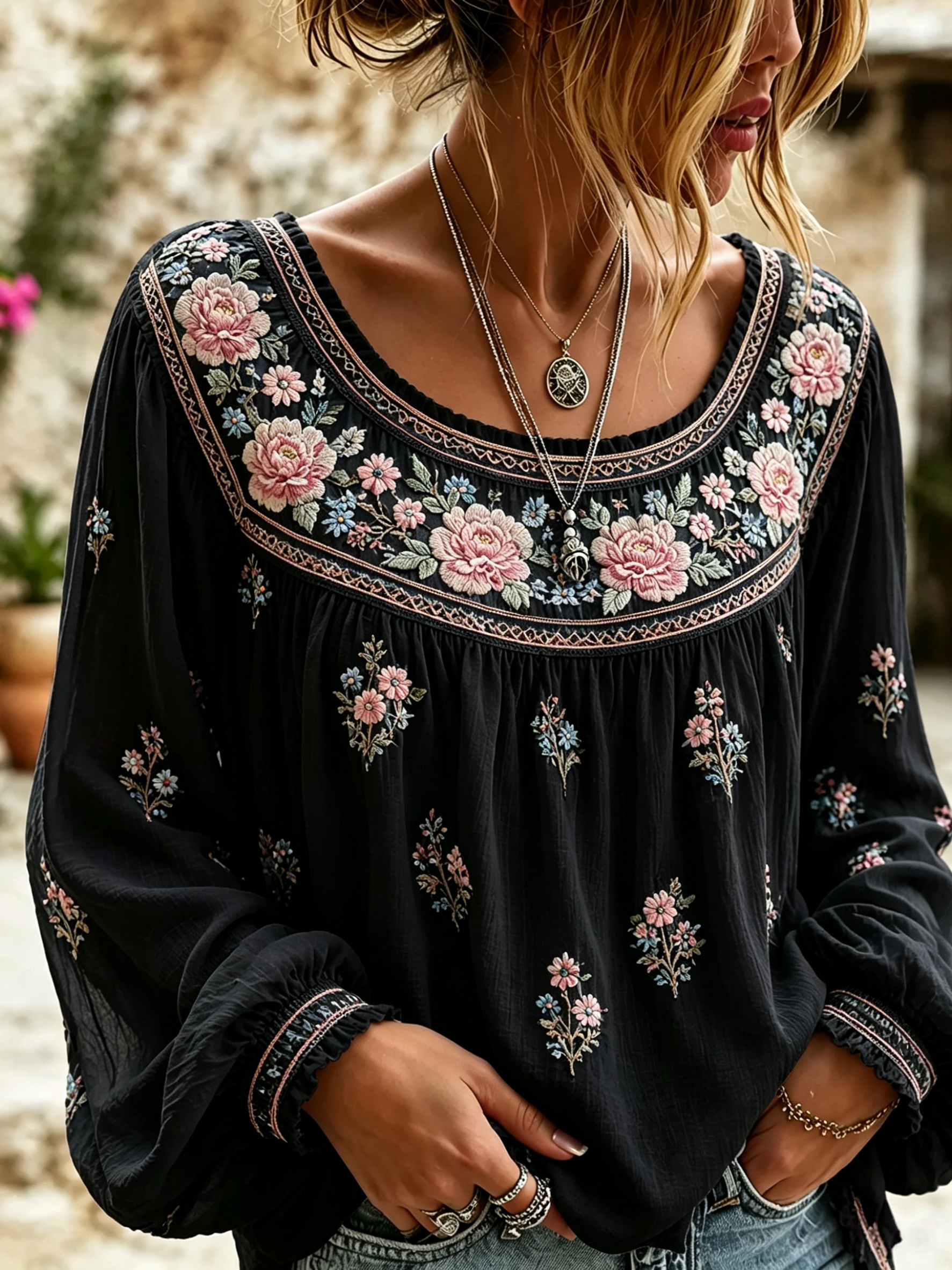 Women'S Floral Printed Casual Cotton And Linen Top