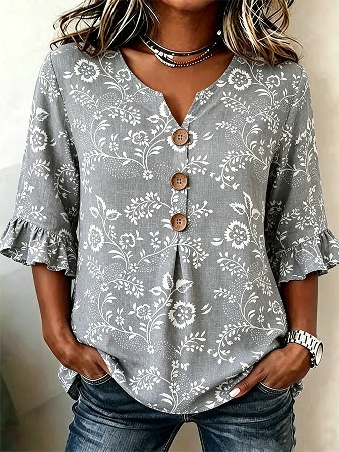 Women's Casual V-Neck Printed Cotton-Linen Top
