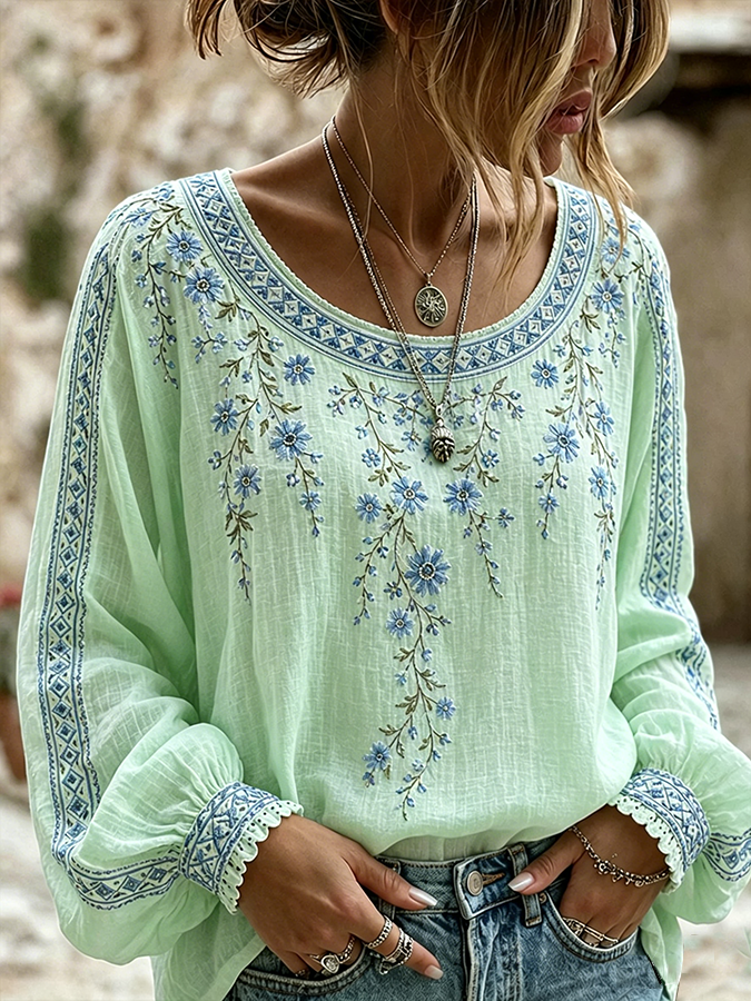 Women'S Floral Printed Casual Cotton And Linen Top