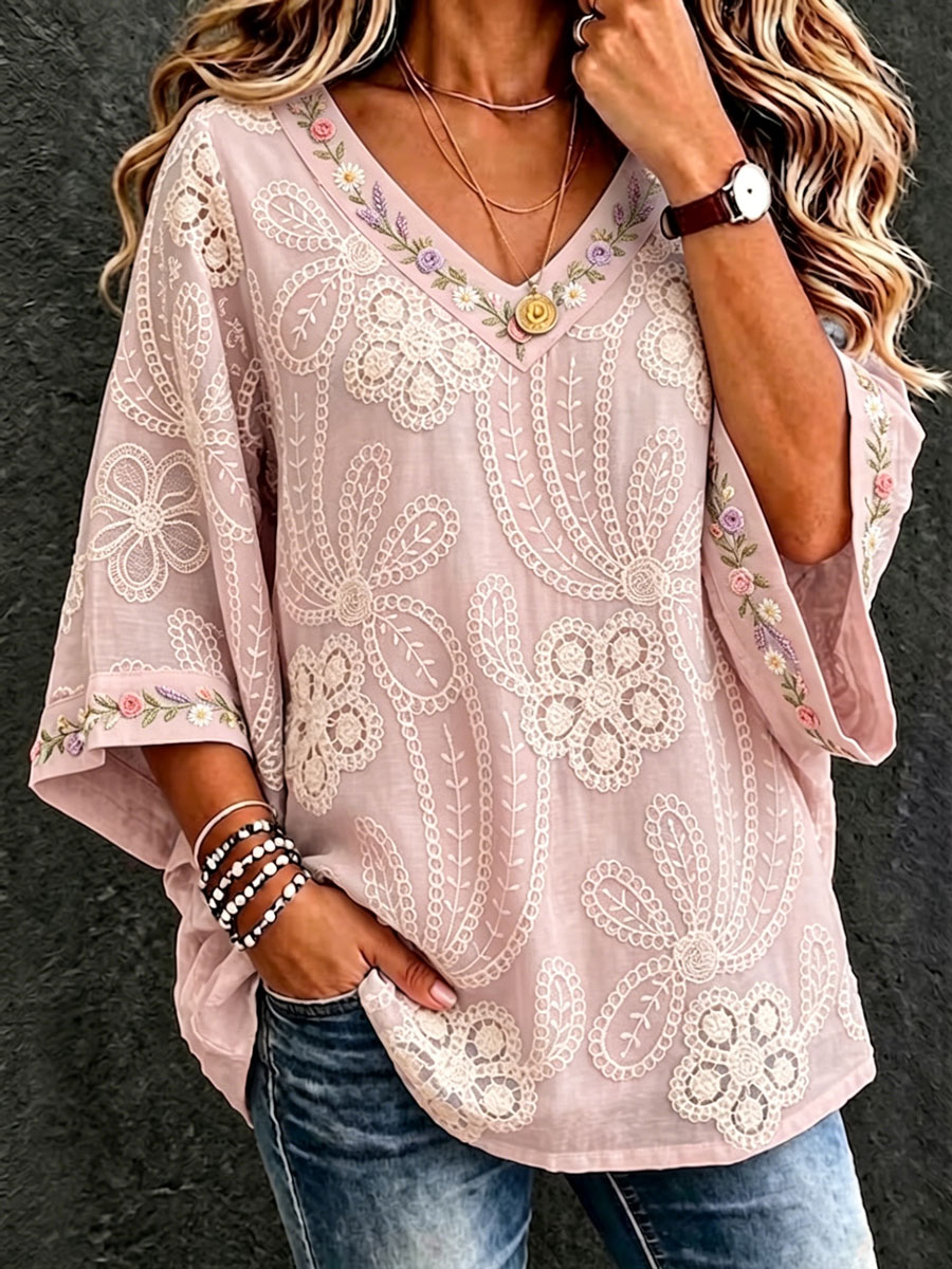 Women'S Cotton And Linen Floral Casual Vacation Top