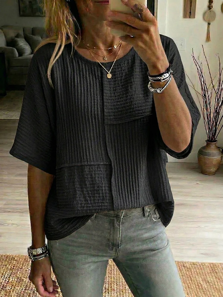Women'S Casual Daily Special Texture Fabric Splicing Cotton And Linen Half Sleeved Top