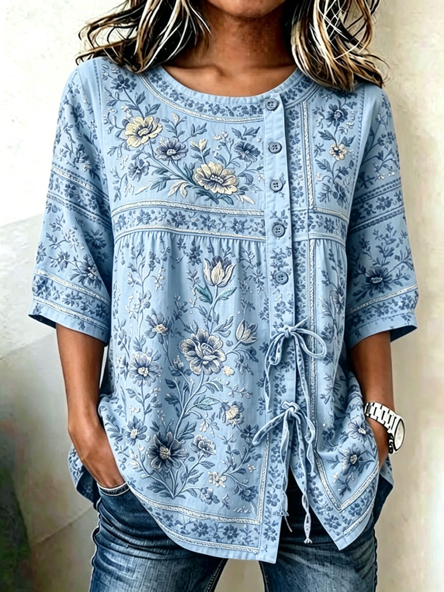Women'S Casual Print Cotton Linen Print Top