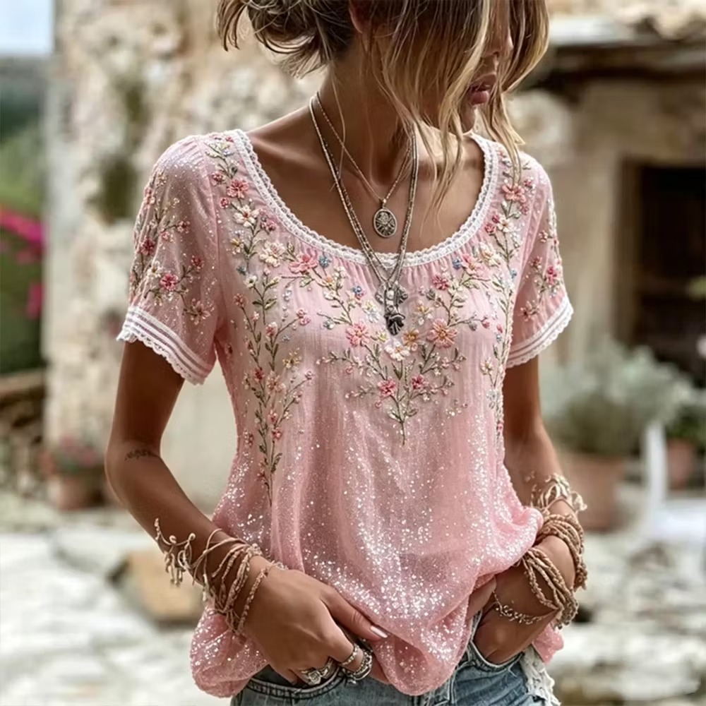 Women's Pink Flower Sparkle Art Casual T-Shirt