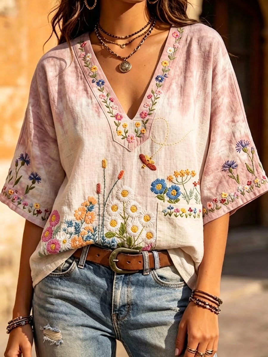 Women'S Casual Floral Print Cotton Linen Top