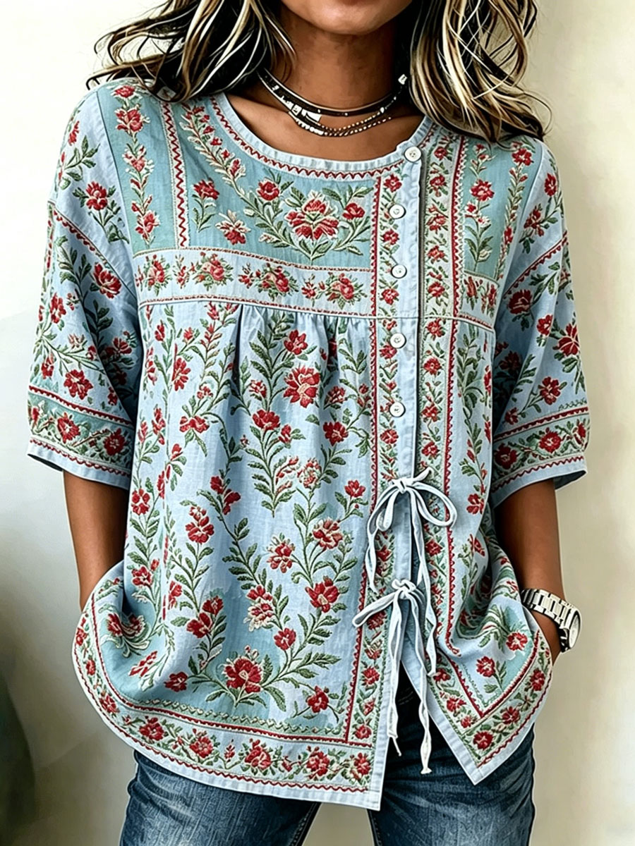 Women'S Cotton And Linen Casual Striped Print Top