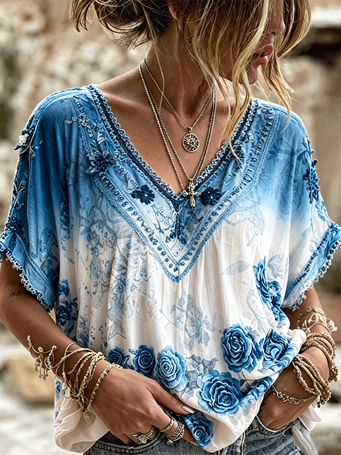 Women's Bohemian Art Floral Print Retro Cotton Linen Top