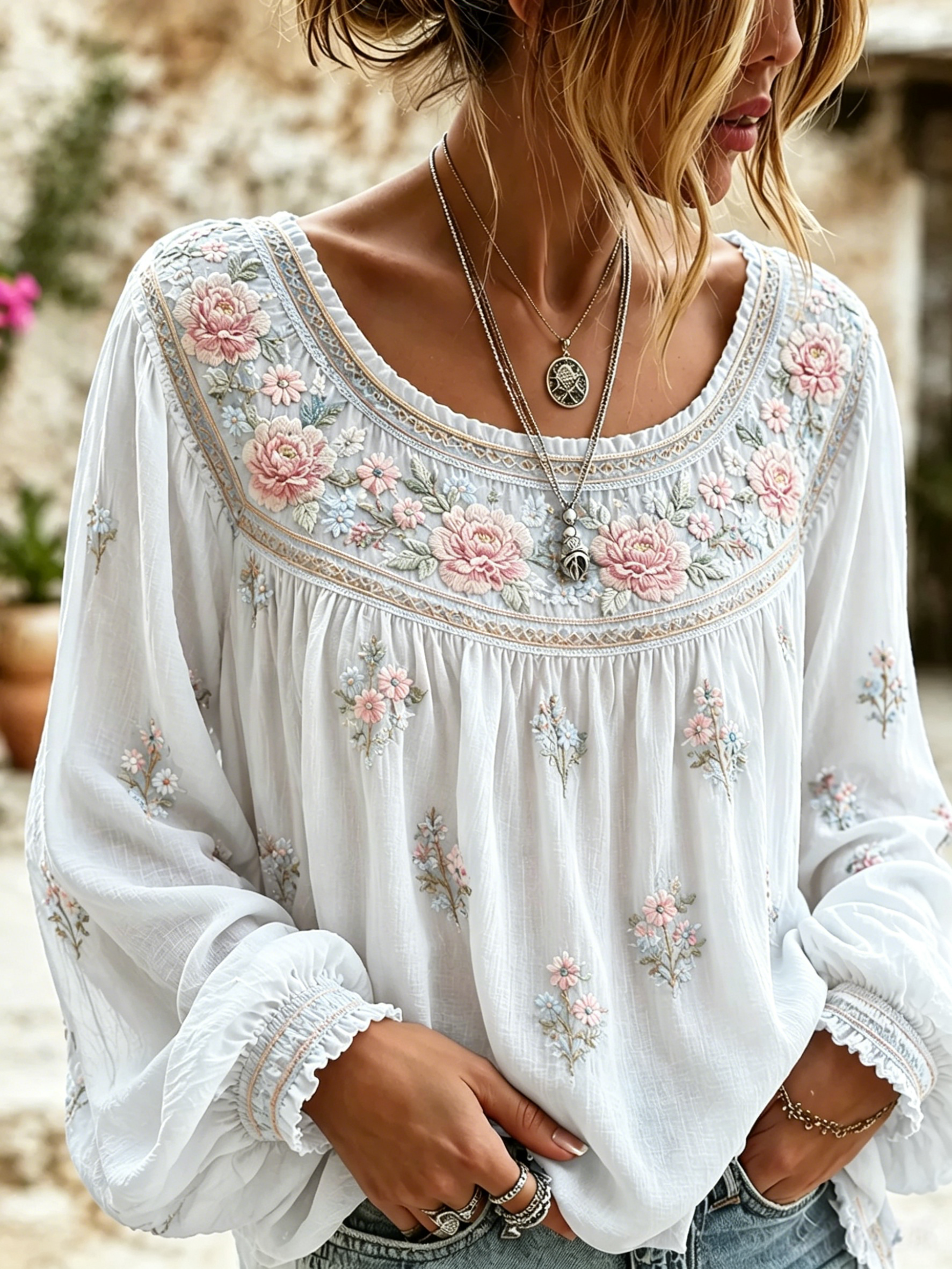 Women'S Floral Printed Casual Cotton And Linen Top