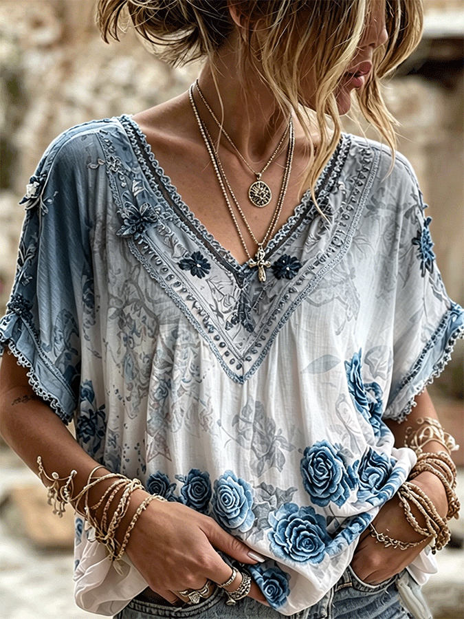 Women's Bohemian Art Floral Print Retro Cotton Linen Top