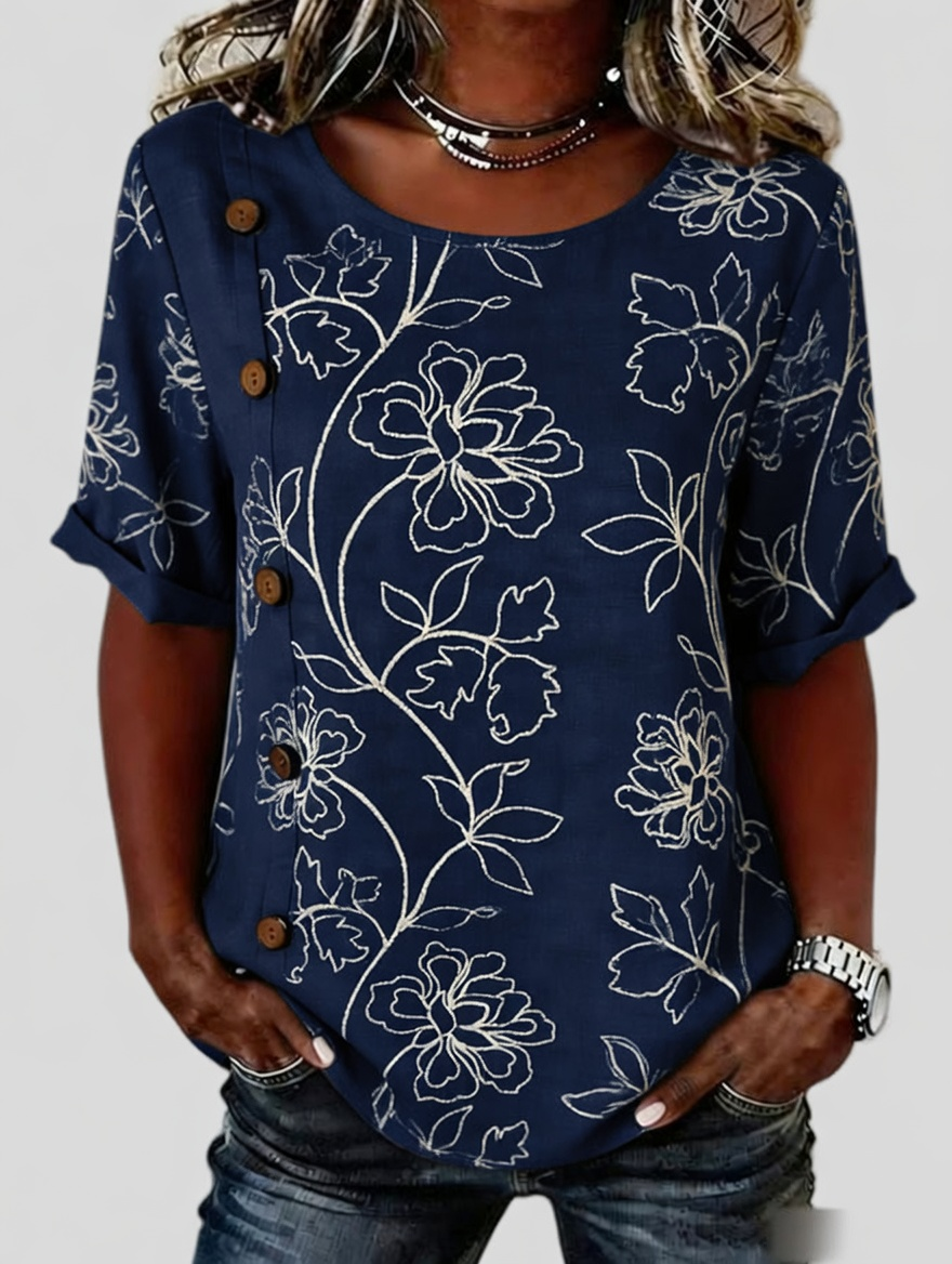 Women'S Button Design Casual Floral Art Short Sleeved Shirt