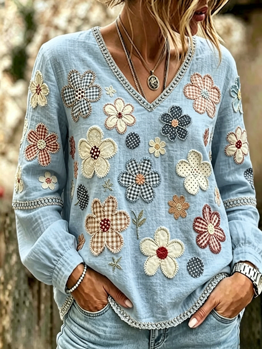 Women's Floral Cotton Linen Top