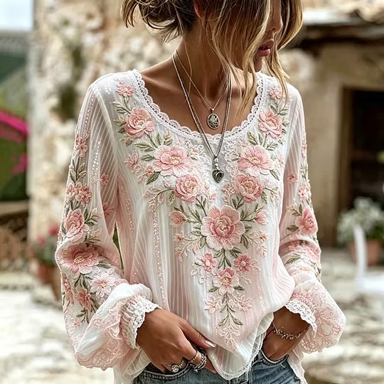 Women's Pink Flower Art Linen Blended Comfortable Short Sleeve Top