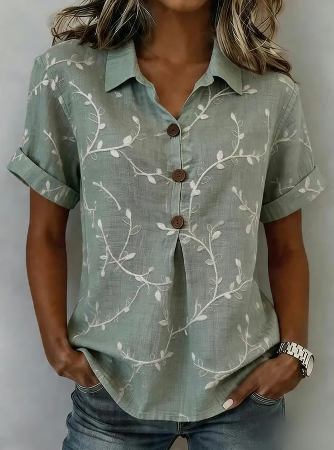 Women's Casual Short-Sleeve Positioning Print Cotton-Linen Top