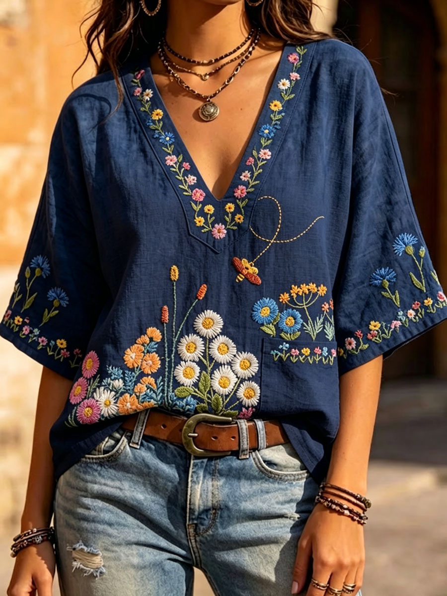 Women'S Casual Floral Print Cotton Linen Top