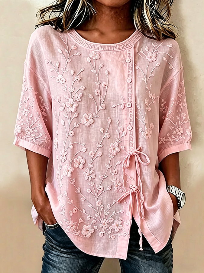 Women's casual floral cotton linen short sleeved shirt