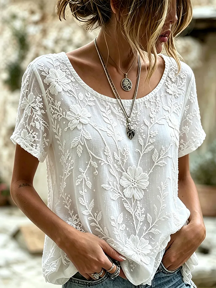 Women's White Rose Art Embroidered Linen Blend Tops