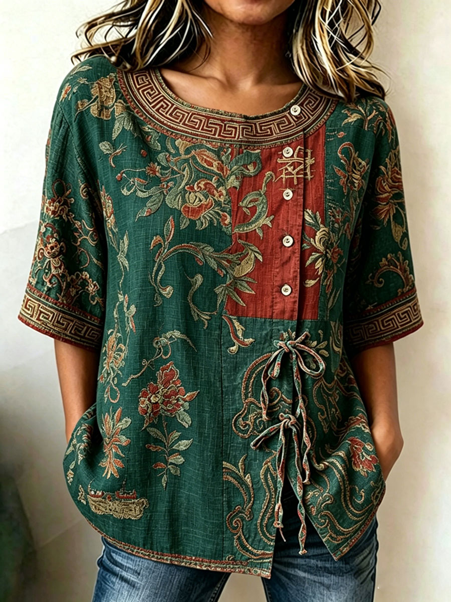 Women'S Casual Print Cotton Linen Top