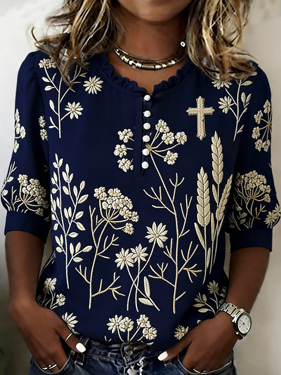 Ladies' Leisure Flower Faith Cross Lace Button Neck T-shirt