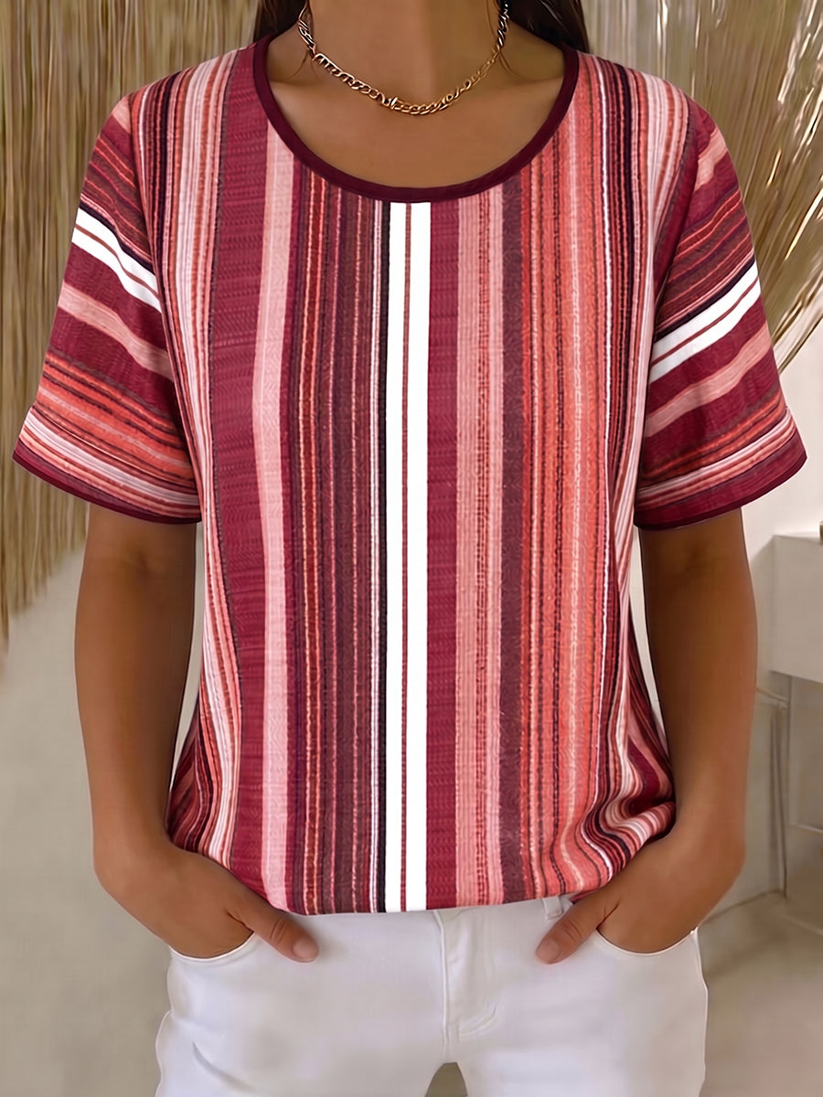 Women's casual striped cotton linen round neck top