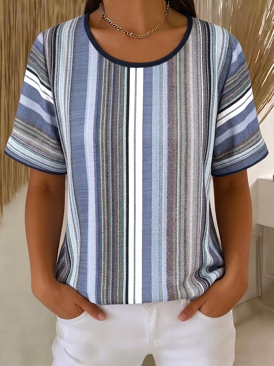 Women's casual striped cotton linen round neck top
