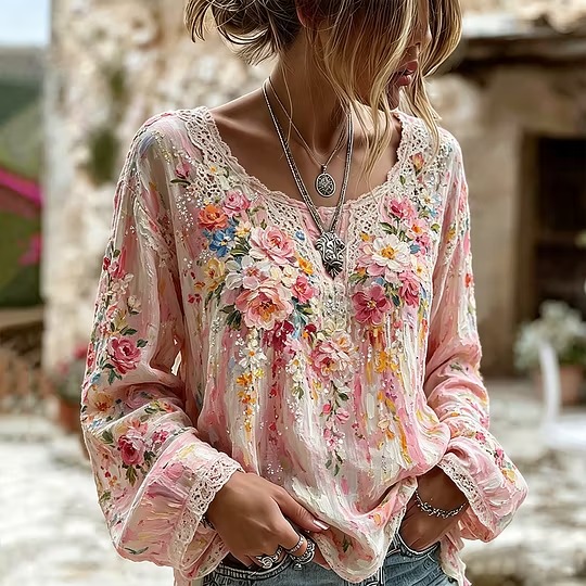 Women's Oil Painting Romantic Flower Lace Art Printed Cotton Hemp Colorful Round Neck Long Sleeve Top