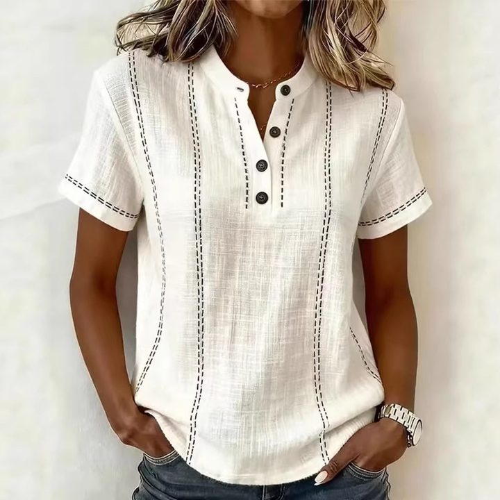Women's Simple Stand Up Collar Color Blocked Linen Blend Shirt
