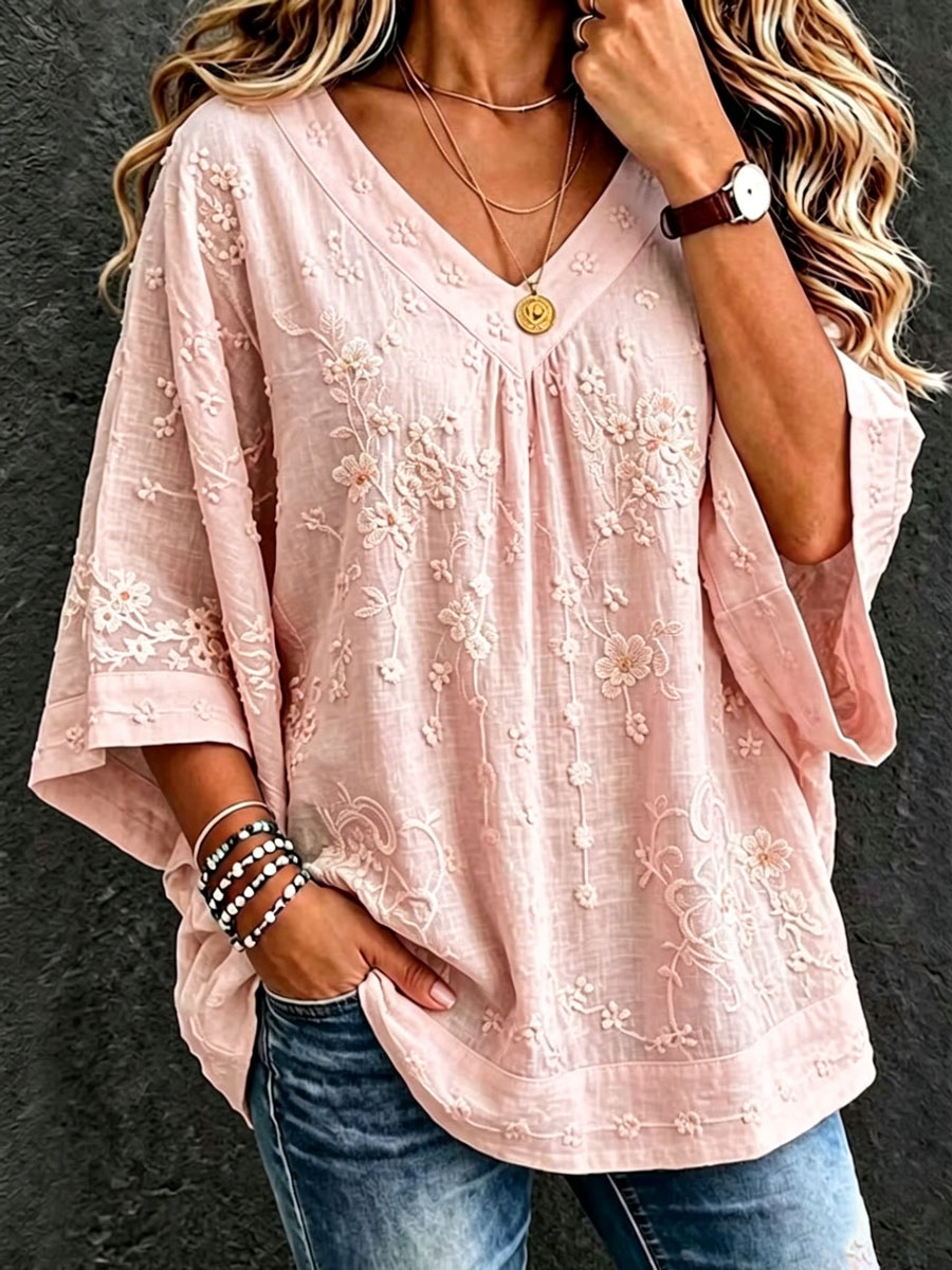 Women'S Cotton And Linen Floral Casual Vacation Top