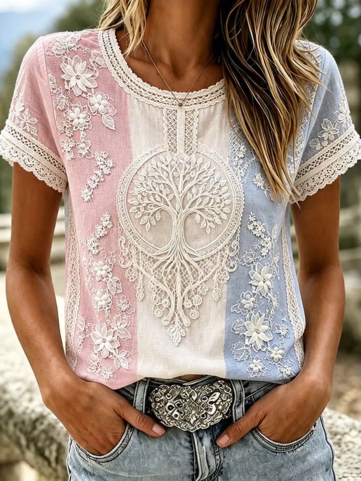 Women's Romantic Floral With Tree Of Life Color Block Art Flowy Casual T-shirt