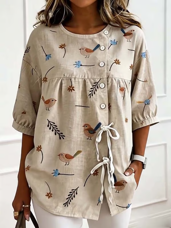 Women'S Casual Floral Print Cotton Linen Top