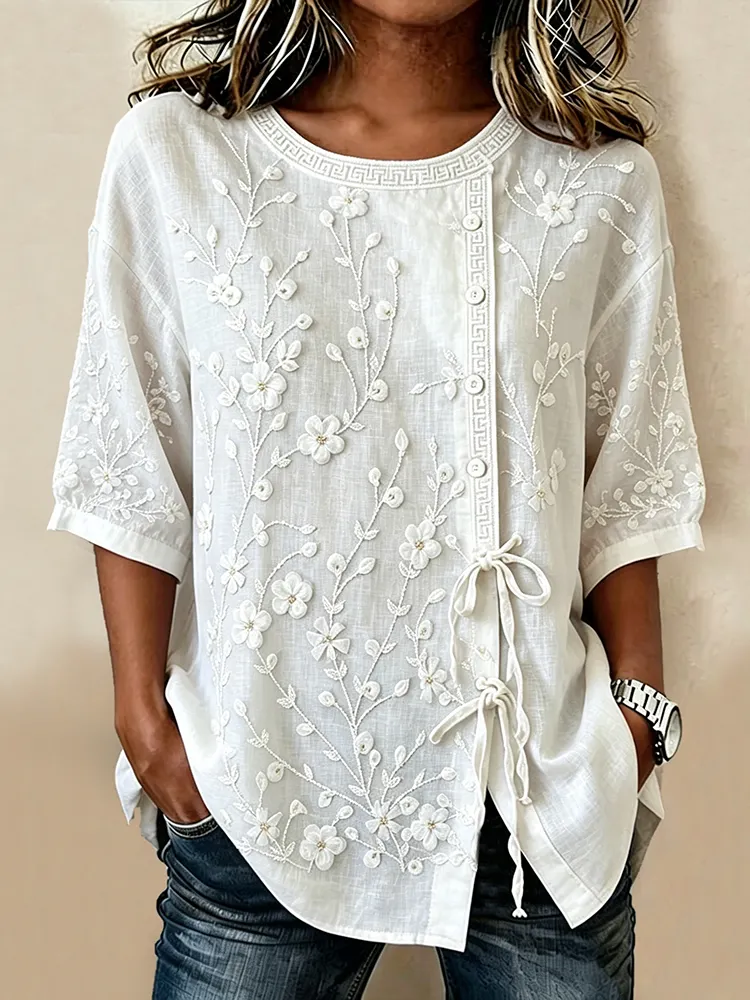 Women's casual floral cotton linen short sleeved shirt
