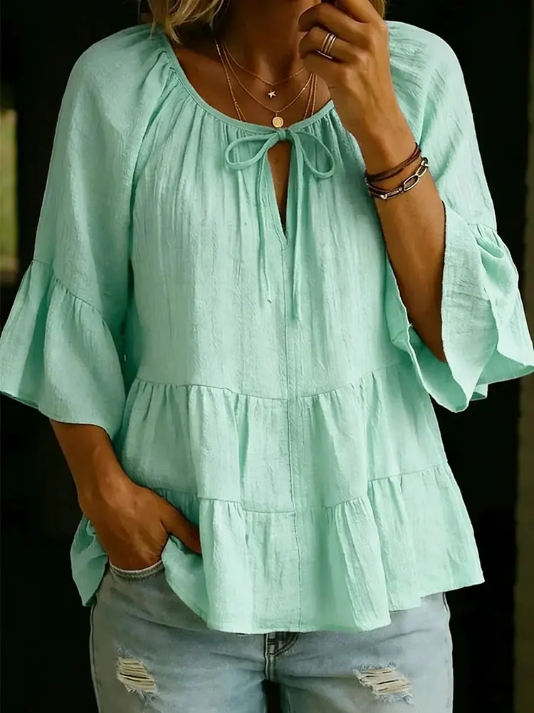 Ladies' Casual Daily Cotton And Linen Tied Rope Spliced Ruffled Half Sleeved Shirt