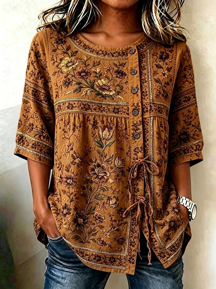 Women'S Casual Print Cotton Linen Print Top