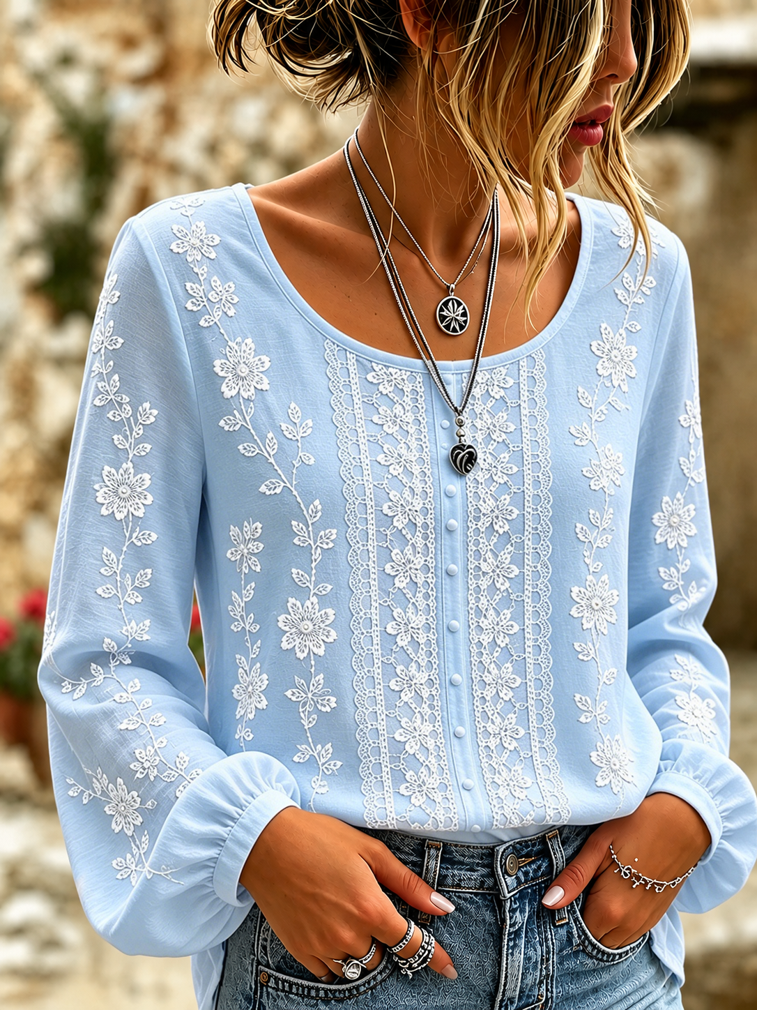 Women's Multi-Color Floral Art Round Neck Long Sleeved Linen Blend Top