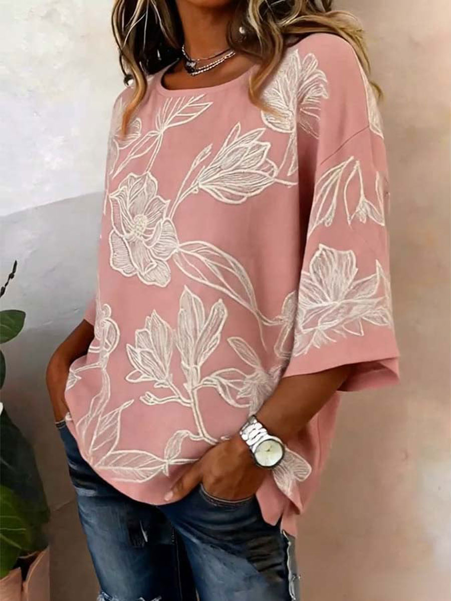 Women'S Cotton And Linen Floral Print Short-Sleeved Top