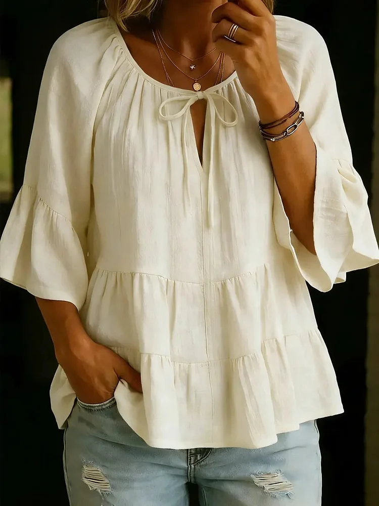 Ladies' Casual Daily Cotton And Linen Tied Rope Spliced Ruffled Half Sleeved Shirt