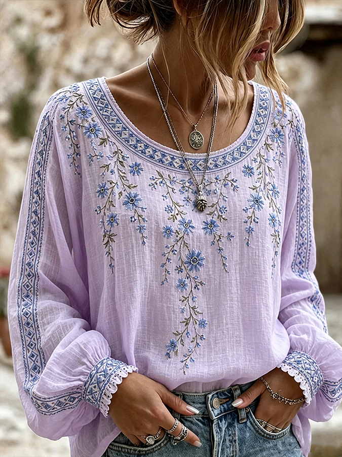 Women'S Floral Printed Casual Cotton And Linen Top