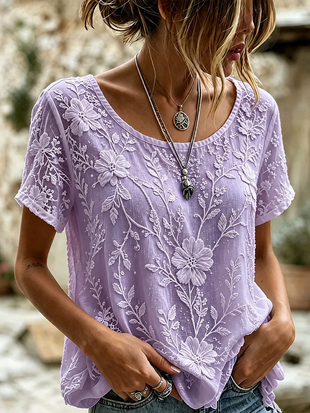 Women's White Rose Art Embroidered Linen Blend Tops