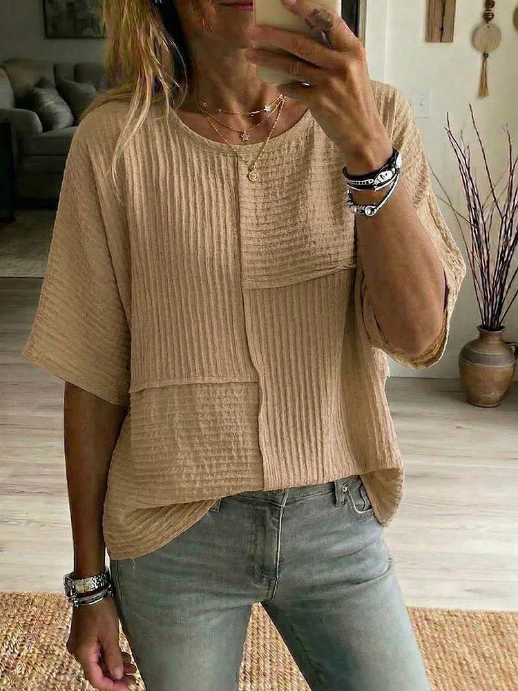 Women'S Casual Daily Special Texture Fabric Splicing Cotton And Linen Half Sleeved Top
