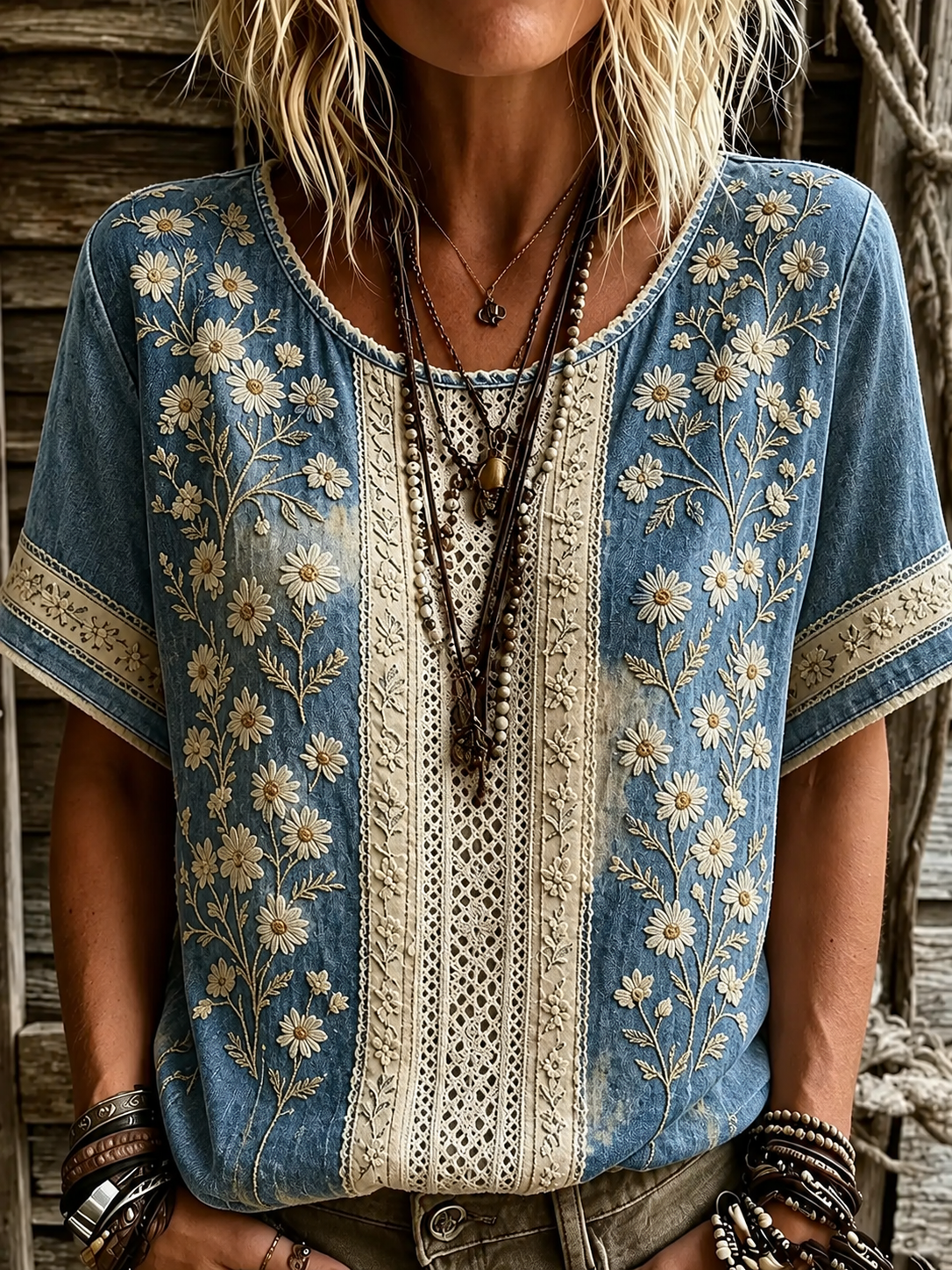Women's Floral Patchwork Design Round Neck Short-sleeved Top