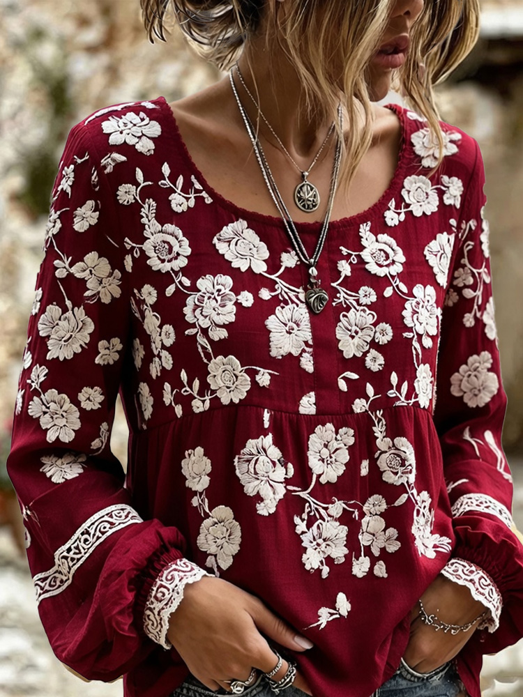 Women's Retro Bohemian Style Plant Embroidered Printed T-shirt