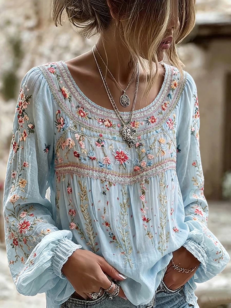 Women's Floral Embroidered Long Sleeve Peplum Blouse